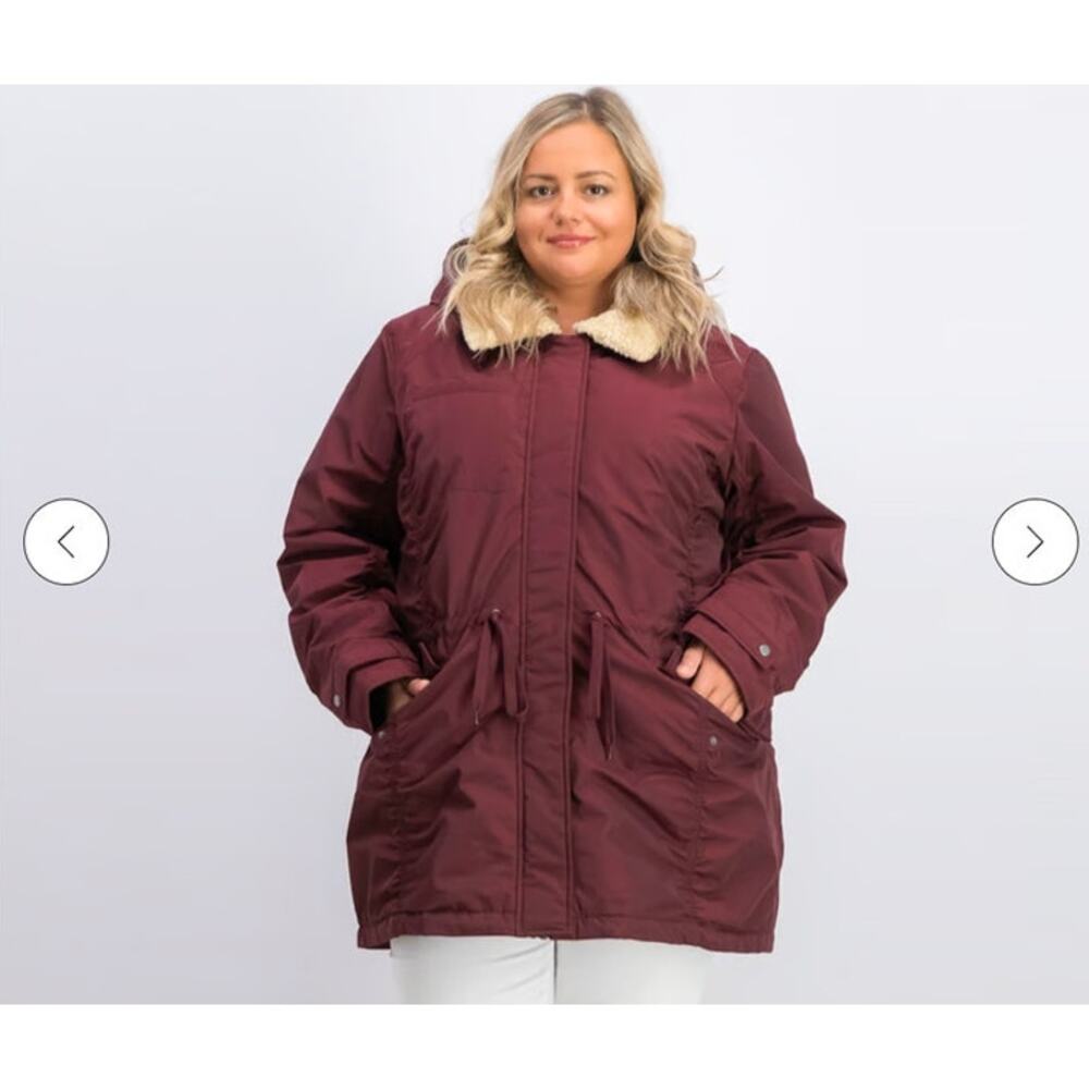 Marc New York Womens‎ Bergundy Winter Coat Sz L Sherpa Adjustable Removable Hood